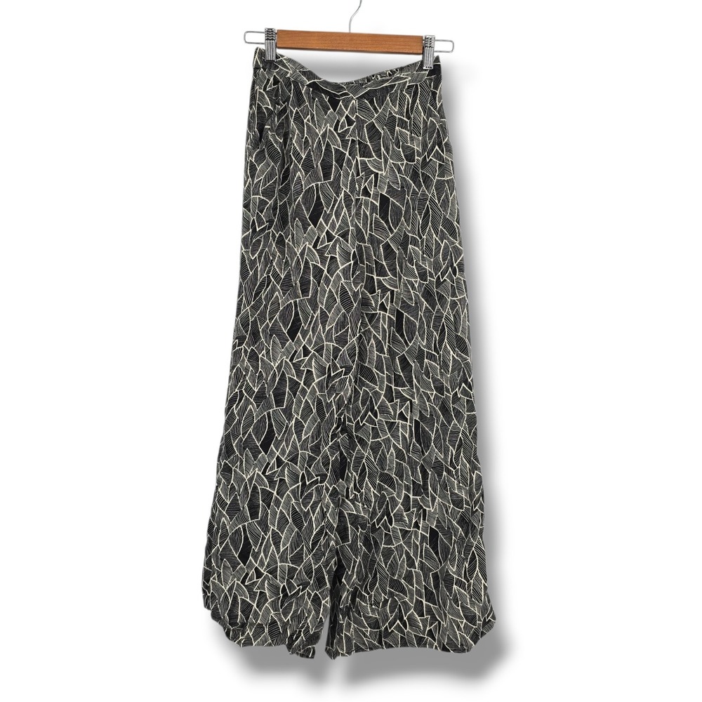 Japna Womens Wide Leg Pants Black White Abstract Leaf Print Linen Blend Boho XS